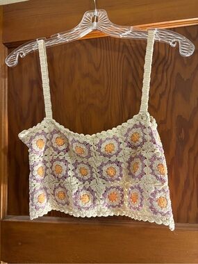 Zara Crochet Floral Tank Top in Cream, Purple & Orange